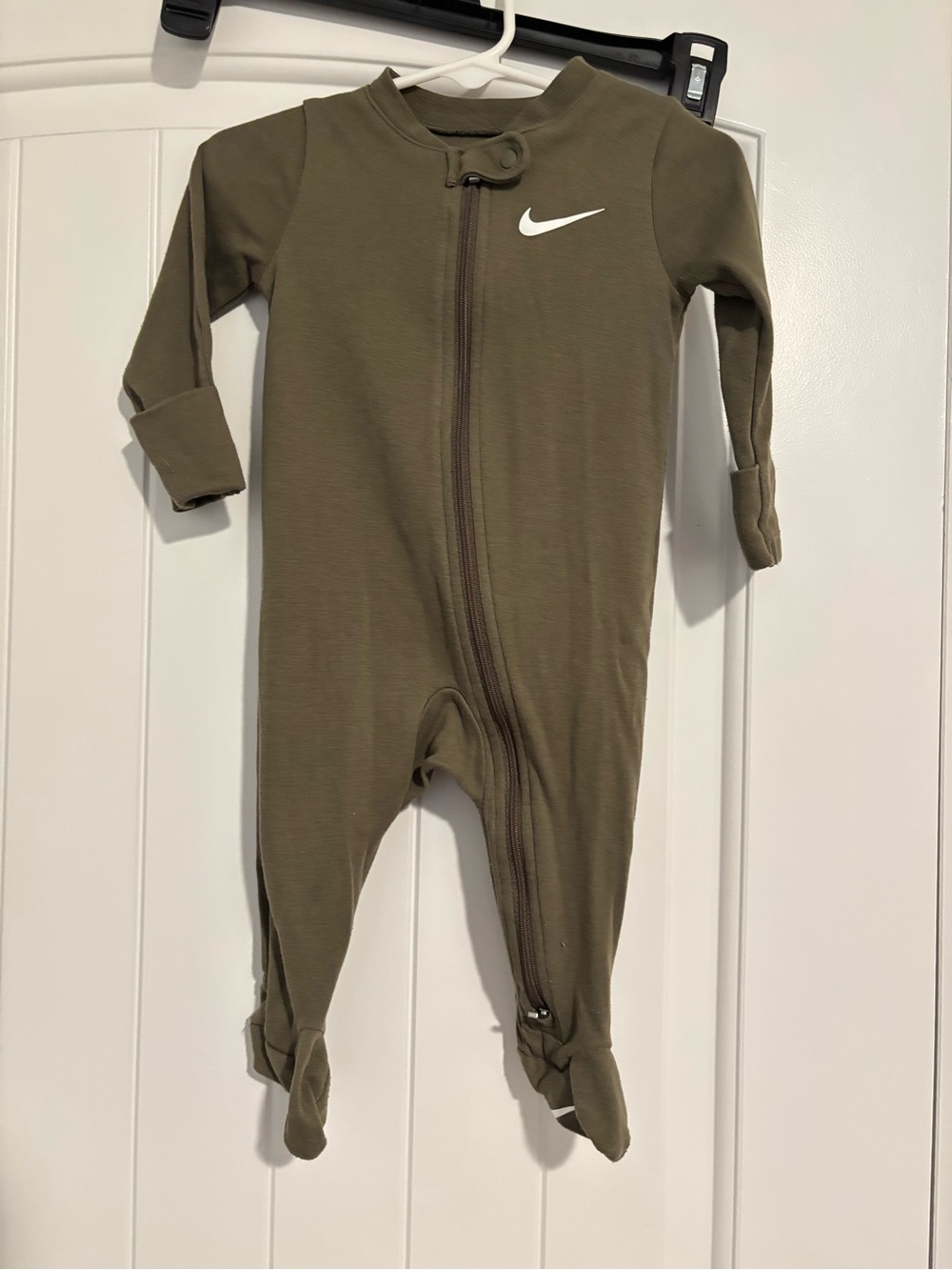 Nike Olive Green Footed Baby One-Piece with Front Zipper